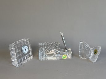 A Waterford Crystal Pen Holder, Butterfly & Clock