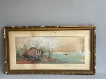 Antique Tranquil Landscape Framed Watercolor Print