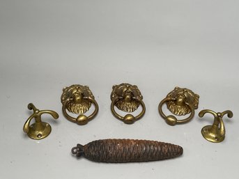 Brass Lion Hardware, Pinecone Cuckoo Clock Weight & Brass Coat Hooks