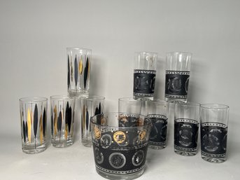 Vintage Hazel Atlas 'Coins Of The World' Tumbler Glasses & Ice Bucket And Federal Glass 'Atomic Cat Tails'