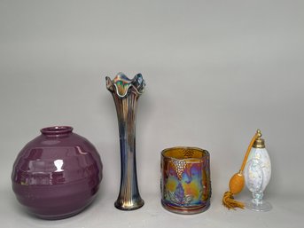 Vintage Carnival Glass, Ruffle Rim Vase, Holland Pot & Perfume Bottle