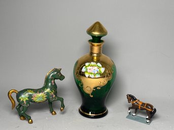 Vintage Cloisonne Horse, Hand Painted Bohemian Glass Decanter, TM Metal Horse Figure