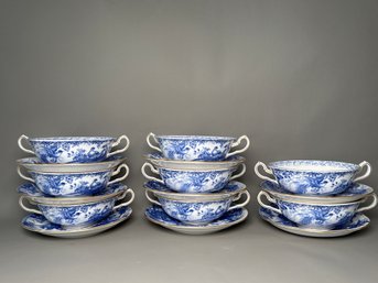 Eight Vintage Royal Crown Derby Blue Aves Soup Bowls & Saucers