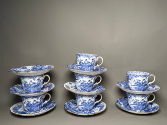 Seven Vintage Royal Crown Derby Blue Aves Tea Cups & Saucers