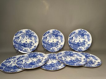 Eight Vintage Royal Crown Derby Blue Aves 8.25 Inch Plates