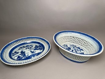 Antique Chinese Export Blue & White Reticulated Canton Porcelain Chestnut Basket & Flat Set