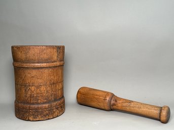 Antique Hand Turned Wooden Mortar & Pestle