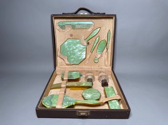 Vintage DuPont Pyralin Green Celluloid Vanity Set In Case