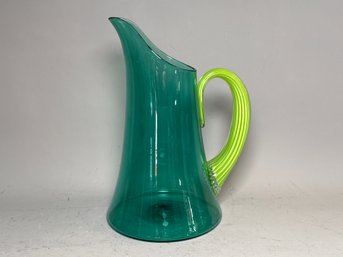 Beautiful Hand Blown Signed Art Glass Pitcher - Teal Green With Chartreuse Handle