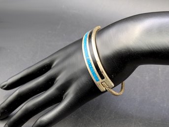 Vintage Alpaca Mexico Silver Bangle Bracelet W/ Blue & Black Inlay