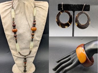 Stylish Bohemian-style Necklace, Wood Bangle & Tortoise-style Hoop Earrings!