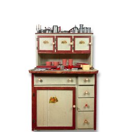 Vintage Childrens Hoosier Like Kitchen Play Set With Accessories