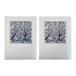 Linoprint Mixed Media Pair Les Saisons Signed  Daniele Tzeutschler 7-93