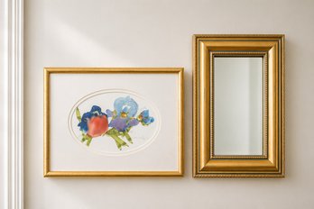 2-piece Wall Decor With Gold Framed Mirror And Beautiful Watercolor Of Iris And Bluebird