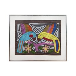 Vintage Aviary Mola Textile Art Framed Behind Glass