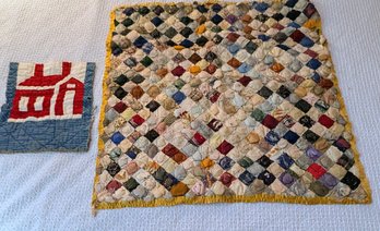Antique Square Postage Stamp Quilt W/ Spare Quilted Fabric