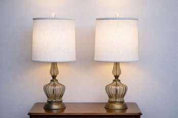 Beautiful Regency Inspired Smoked Ribbon Glass Table Lamps With Clean White Drum Shades