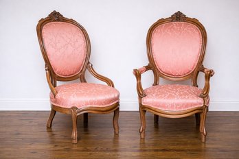 Pair Of Antique Victorian Parlor Chairs With Carved Walnut Frame And Pink Damask Upholstery