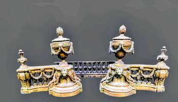 Antique French Empire Patinated Bronze Lion Flame Urn Chenet Andirons - Rare 19th Century