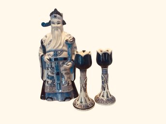 Vintage Blue And White Porcelain Chinese Sage Figurine Delft Candlesticks Set Wise Old Man With Beard & Staff