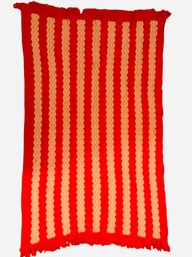 Vintage Handmade Crochet Afghan Bold Red And Beige Stripes With Fringe 1980s