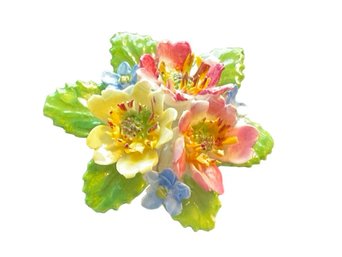 Lovely Vintage Porcelain Hand Painted Floral Brooch With Roses And Pansies
