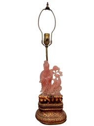 Antique Chinese Hand Carved Rose Quartz Figure Table Lamp - Late 19th Century