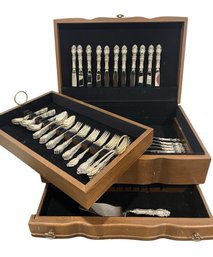 75pc Wallace Sterling Lucerne 1896 Flatware & Serving Pieces In Wooden Storage Chest 2098 Gram Total Wt.