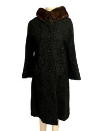 1950s Black Persian Curly Lamb Hessell Furs Coat With Mink Collar - Estimate Size 6