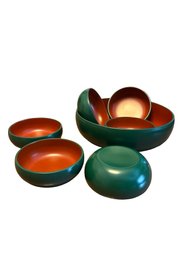 Mid Century 7 Piece Japanese Lacquerware Salad Or Hostess Set  Teal Green And Burnt Orange