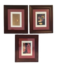 Set Of 3 Framed Abstract Expressionist Art Prints  Rich Burgundy Mahogany Decor
