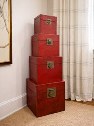 Stunning Set Of 4 Vintage Red Lacquered Chinese Nesting Storage Boxes With Brass Hardware - Westport