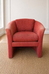 Mod Danish Style Barrel Chair With Red Heathered Upholstery