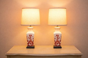 Pair Of Orange And White Chinoiserie Urn Or Vase Style Lamps With Clean White Drum Shades