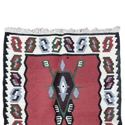 2x4 Reversible Pirot Arky Kilim:  Double-Sided Balkan Flat-Weave Rug With Red Tribal Motifs
