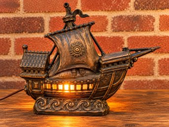 Vintage Lighted Spanish Galleon Sailing Ship Lamp – Bronze-Tone Nautical Décor – 16" – Working