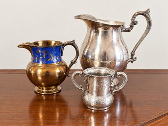 Unique Collection Of Vintage Silver Plate Etched Pitchers And Copper Lusterware English Pitcher