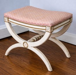 Gustavian Curule Style Upholstered Vintage Stool With Rosette Accents
