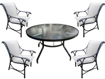 Round Patio Table Black With Tempered Glass Top And Sling Arm Chairs With Mesh Seat