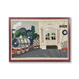 Folk Art Handmade Fabric Collage Train In Depot Artist Signed Dated 1981