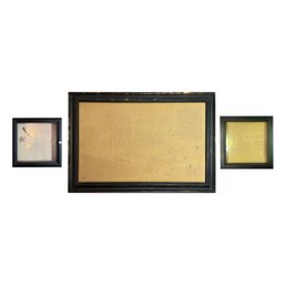 Burlap Pinup Board In Edge Worn Black Satin Wood Frame With 2 Shadow Boxes With Doors