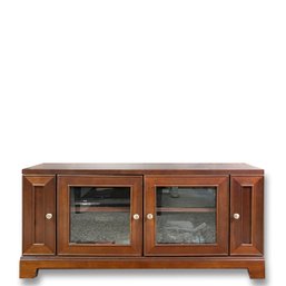 Breakfront Glass Door Storage Entertainment Console With Slide Out Side Storage