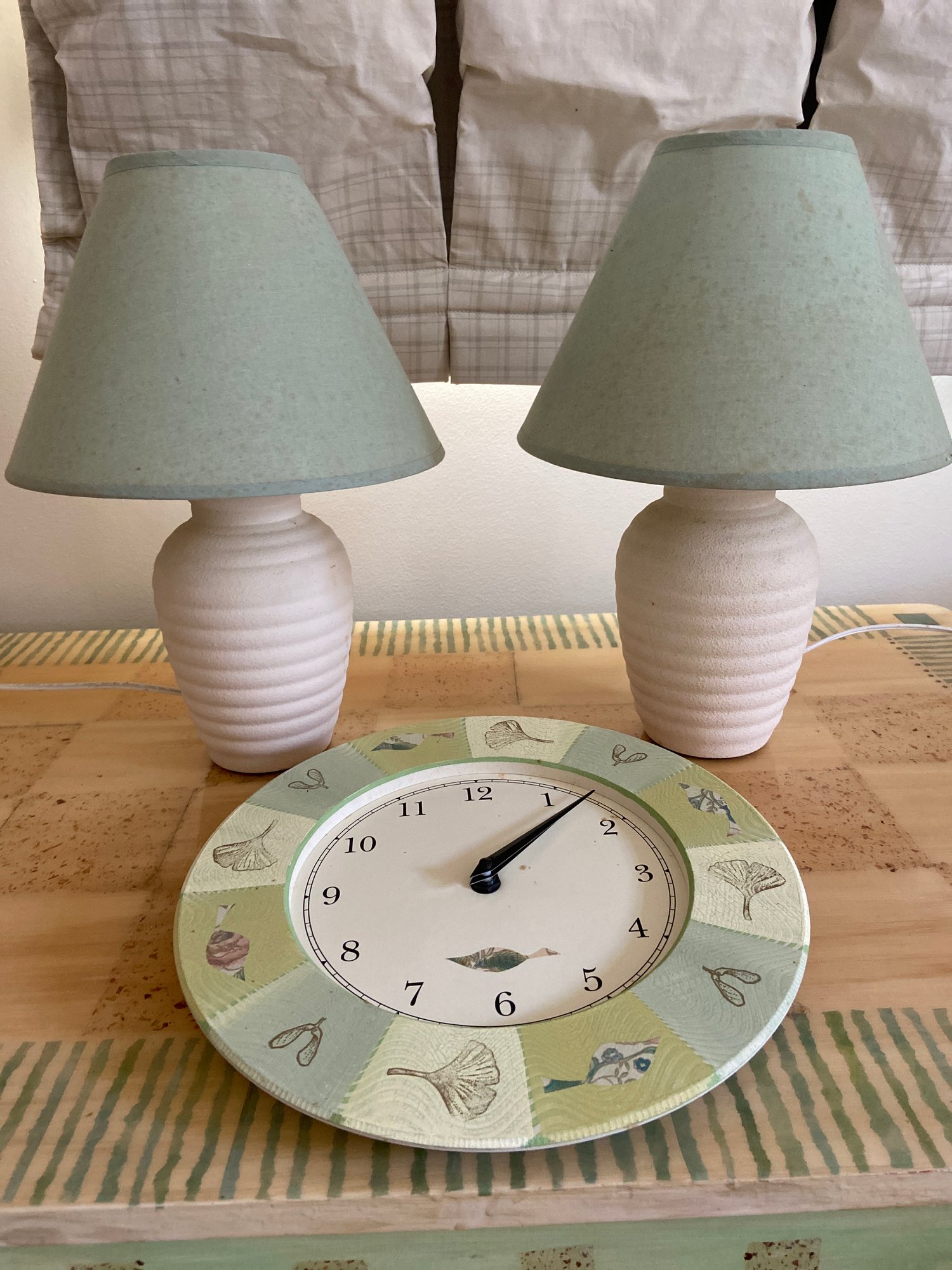 Pair Of White Ceramic Mint Green Shades Desk Lamps And A Clock 1957619