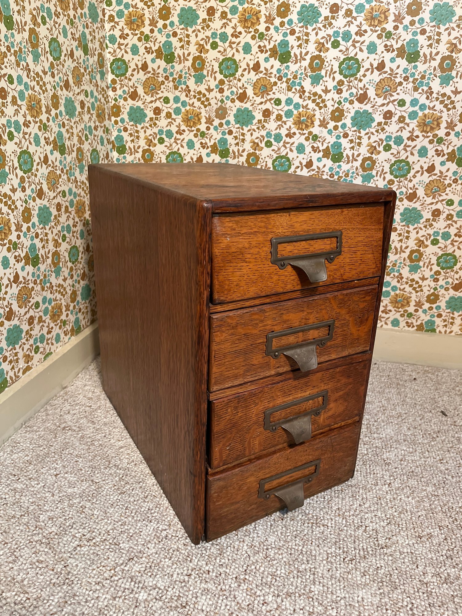 Vintage 1950s Wooden Library Card Catalog With Four Drawers And Brass ...