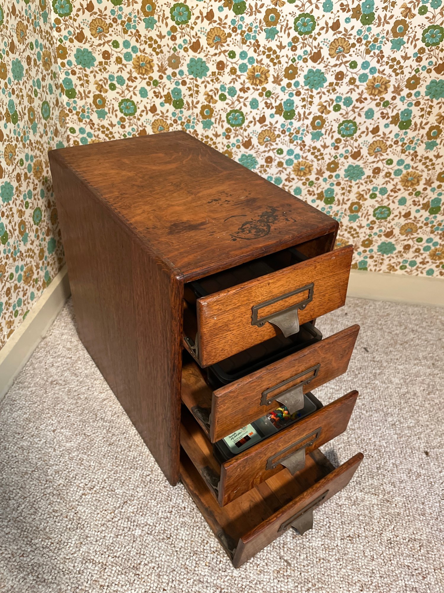 Vintage 1950s Wooden Library Card Catalog With Four Drawers And Brass ...