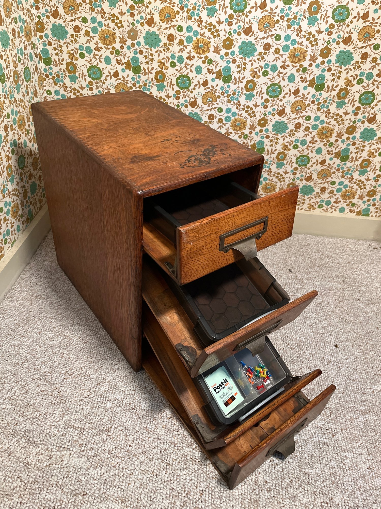 Vintage 1950s Wooden Library Card Catalog With Four Drawers And Brass ...