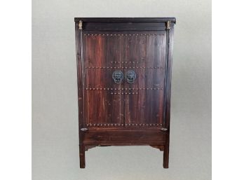 Vintage Wooden Asian Style Cabinet With Cast Lion Pulls & Figural Embelishments