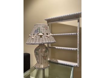 White Wicker Lamp And Coordinating Shelf