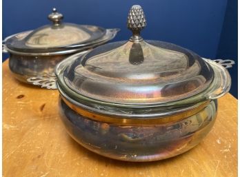 Pair Of Silver Round Casserole Dishes With Glass Inserts