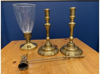 Collection Of Vintage Brass Candlesticks And Angel Snuffer